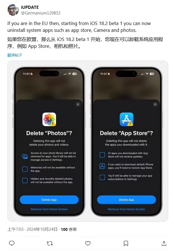 什邡苹果手机维修分享iOS 18.2 支持删除 App Store 应用商店 