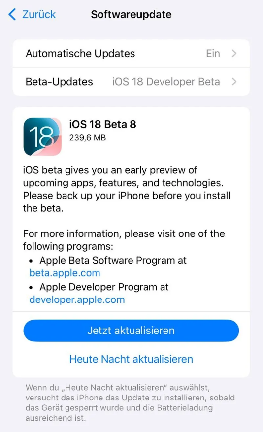 什邡苹果手机维修分享苹果 iOS / iPadOS 18 开发者预览版 Beta 8 发布 